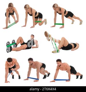 Homme et femme faisant différents exercices avec bande de résistance élastique sur fond blanc, ensemble de photos Banque D'Images