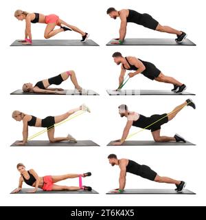Homme et femme faisant différents exercices avec bande de résistance élastique sur fond blanc, ensemble de photos Banque D'Images