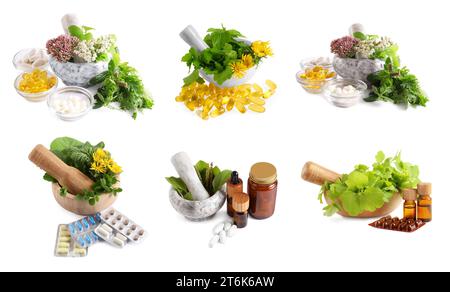 Ensemble de mortiers, herbes, pilules et extraits isolés sur blanc. Médecine alternative Banque D'Images