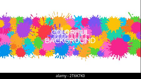 Peinture splash fond coloré pour Holi festive. Bannière lumineuse avec éclaboussures de dessin animé coloré, tache et éclaboussure, gouttes de liquides. Modèle vectoriel de maquette d'affiche horizontale de salutation ou d'invitation de fête Illustration de Vecteur