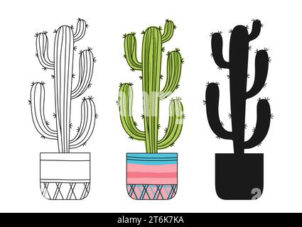 Cactus dans un ensemble de dessin animé grungy pot de fleurs. Collection succulente texturée à la main dessinée à la main isolé. Plantes de maison silhouette du désert mexicain et des cactus doodle. Illustration vectorielle de plantes d'intérieur en pot Illustration de Vecteur