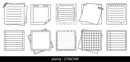 Notes autocollantes en papier, bloc-notes autocollant Bloc-notes jeu de contours. Publications de liste de feuilles, pages de cahier alignées ou quadrillées. Éléments de papeterie planification de l'éducation écriture agenda blanc. Illustration vectorielle isolée Illustration de Vecteur