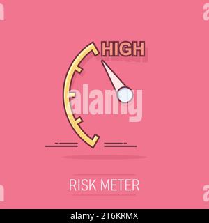 Icône de haut niveau de dessin animé en style comique. Pictogramme de l'indicateur de vitesse et du compte-tours. Concept commercial de destruction de compteur de risques. Illustration de Vecteur