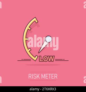 Icône de bas niveau de dessin animé en style comique. Pictogramme de l'indicateur de vitesse et du compte-tours. Concept commercial de destruction de compteur de risques. Illustration de Vecteur