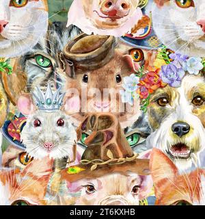 Modèle sans couture pour animaux de compagnie. Dessin à l'aquarelle peint à la main, isoler clip art sur fond blanc. Banque D'Images