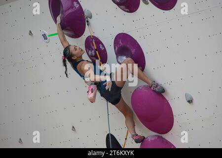 (231111) -- JAKARTA, 11 nov. 2023 (Xinhua) -- Ito Futaba du Japon concourt à la finale féminine Boulder et Lead finale du tournoi de qualification asiatique IFSC Jakarta 2023 au Gelora Bung Karno Sport Center à Jakarta, Indonésie, le 11 novembre 2023. (Xinhua/Veri Sanovri) Banque D'Images