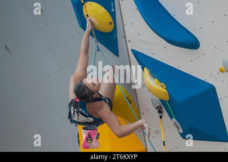 (231111) -- JAKARTA, 11 nov. 2023 (Xinhua) -- Ito Futaba du Japon concourt à la finale féminine Boulder et Lead finale du tournoi de qualification asiatique IFSC Jakarta 2023 au Gelora Bung Karno Sport Center à Jakarta, Indonésie, le 11 novembre 2023. (Xinhua/Veri Sanovri) Banque D'Images