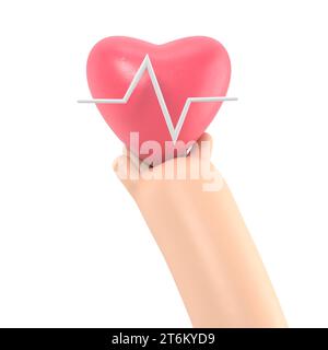 rendu 3d. Icône de fréquence cardiaque médicale. Médecin ou cardiologue bande dessinée main tenant le coeur avec la ligne de graphique. Illustration de la santé. Clip cardiogramme art.3D. Banque D'Images