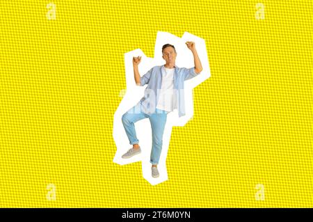 Illustration élégante avec homme souriant dansant sur fond jaune Banque D'Images