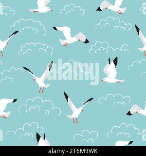 Motif mouette sans couture. Dessins animés volants oiseaux marins et fond vectoriel de nuages de doodle Illustration de Vecteur