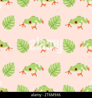 Joli motif de grenouille d'arbre. Fond vectoriel sans couture avec des grenouilles vertes aquarelles et des feuilles tropicales Illustration de Vecteur