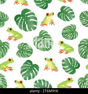 Joli motif de grenouille d'arbre. Fond vectoriel sans couture avec des grenouilles vertes de bande dessinée et des feuilles tropicales Illustration de Vecteur