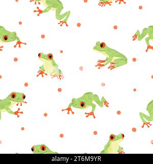 Joli motif de grenouille d'arbre. Fond vectoriel sans couture avec des grenouilles tropicales vertes de dessin animé Illustration de Vecteur