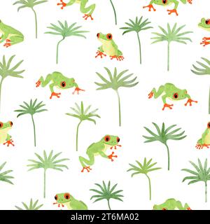 Motif grenouille d'arbre. Fond vectoriel sans couture avec des grenouilles vertes de dessin animé mignonnes et des plantes tropicales Illustration de Vecteur