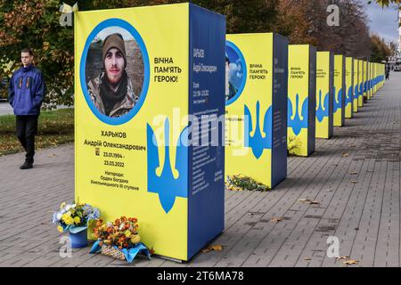 Une vue des stands avec des portraits de soldats ukrainiens tombés au combat dans le centre de Zaporizhzhia. Le secrétaire général de l'OTAN, Jens Stoltenberg, a appelé les alliés de l'Ukraine à continuer d'apporter à Kiev tout le soutien militaire nécessaire à sa guerre contre l'agression russe et a averti qu'ils devaient se préparer à une longue bataille, alors même que les obus russes continuaient de faire des morts parmi les civils et de causer des dommages aux infrastructures dans l ' est et le sud du pays. (Photo Andriy Andriyenko / SOPA Images/Sipa USA) Banque D'Images