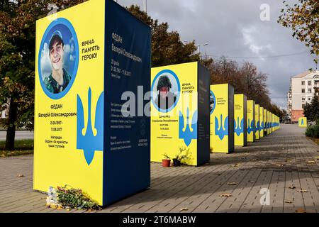 Une vue des stands avec des portraits de soldats ukrainiens tombés au combat dans le centre de Zaporizhzhia. Le secrétaire général de l'OTAN, Jens Stoltenberg, a appelé les alliés de l'Ukraine à continuer d'apporter à Kiev tout le soutien militaire nécessaire à sa guerre contre l'agression russe et a averti qu'ils devaient se préparer à une longue bataille, alors même que les obus russes continuaient de faire des morts parmi les civils et de causer des dommages aux infrastructures dans l ' est et le sud du pays. (Photo Andriy Andriyenko / SOPA Images/Sipa USA) Banque D'Images