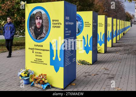 Une vue des stands avec des portraits de soldats ukrainiens tombés au combat dans le centre de Zaporizhzhia. Le secrétaire général de l'OTAN, Jens Stoltenberg, a appelé les alliés de l'Ukraine à continuer d'apporter à Kiev tout le soutien militaire nécessaire à sa guerre contre l'agression russe et a averti qu'ils devaient se préparer à une longue bataille, alors même que les obus russes continuaient de faire des morts parmi les civils et de causer des dommages aux infrastructures dans l ' est et le sud du pays. Banque D'Images