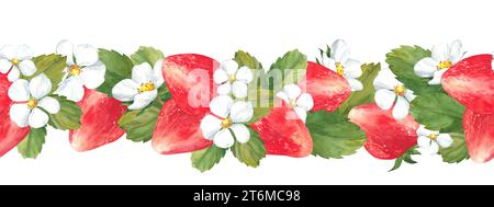 Bordure sans couture à l'aquarelle de fraise juteuse. Baies rouges vives et feuilles vertes avec des fleurs. Illustration estivale pour cartes et invitations Banque D'Images