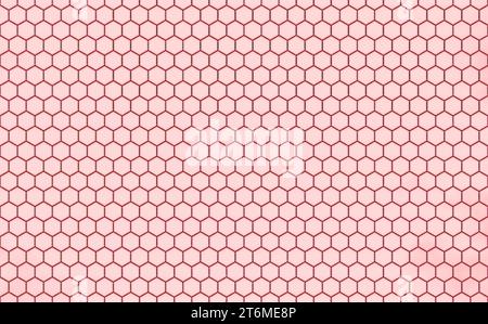 Motif hexagonal avec des cellules biseautées rose vif sur un fond rouge fin avec des lignes entrecoupées. Banque D'Images