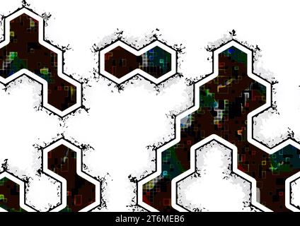 Grille de néon avec des formes claires et sombres, à l'intérieur d'une forme hexagonale géométrique, dans une image avec des espaces vides. Banque D'Images
