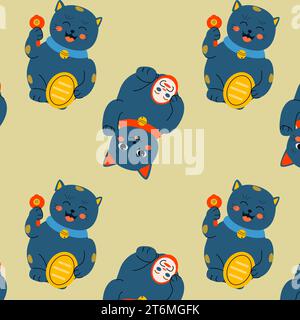 motif mignon de chats asiatiques sur fond vert Illustration de Vecteur