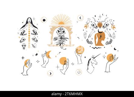 Ensemble de collection d'éléments d'illustration de ligne graphique abstraite de vecteur dessiné à la main, croissant magique, papillon, fleurs, animaux, lune et mains humaines isolées Illustration de Vecteur