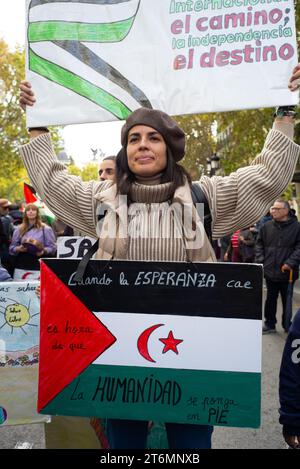 Manifestants lors d'une manifestation pour les droits humains et le droit international pour la libération du peuple sahraoui, rue Atocha le 11 novembre 20 Banque D'Images