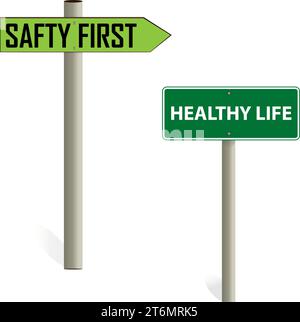 Safety First, et Healthy Life panneau d'affichage, illustration vectorielle. sur fond blanc. Première enseigne de sécurité et première enseigne, travail, sécurité, Illustration de Vecteur