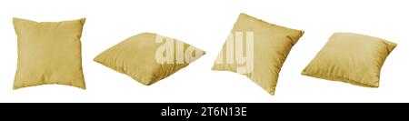 Coussin rectangulaire jaune décoratif pour dormir et se reposer isolé sur fond blanc. Ensemble de différents angles de coussin pour la décoration intérieure de la maison Banque D'Images