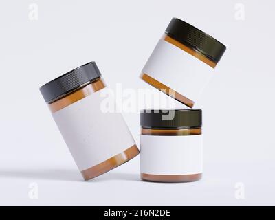 Verre ambré Cosmetic JAR avec une texture réaliste vierge Label rendu couleur blanche illustration logicielle 3D, couleur marron JAR et capuchon noir Banque D'Images