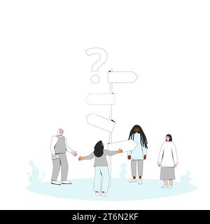 Des gens attentionnés se tenant au panneau de signalisation. Personnages confus pensant au bon chemin. Illustration vectorielle dans le style dessin au trait. Illustration de Vecteur