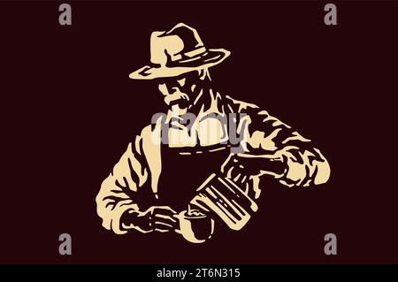 Illustration dessinée à la main de vieil homme faisant du café Illustration de Vecteur