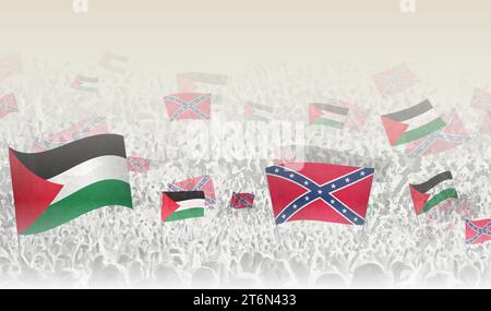 Palestine et drapeaux confédérés dans une foule de gens acclamant. Foule de gens avec des drapeaux. Illustration vectorielle. Illustration de Vecteur