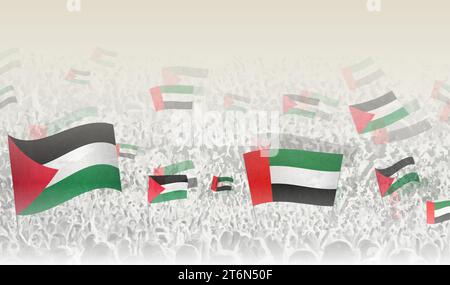 La Palestine et les Émirats arabes Unis drapeaux dans une foule de gens acclamés. Foule de gens avec des drapeaux. Illustration vectorielle. Illustration de Vecteur