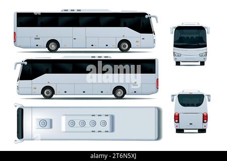 Maquette de bus. Vue de dessus automobile, voiture-coach, côtés du véhicule, maquette de camion, avant et arrière, gros autobus de voyage, identité de marque. Automatique réaliste. VE Illustration de Vecteur