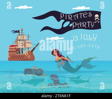 Bannière d'invitation de fête de pirate. Bateau en bois filibuster. Bateau à voile. Sirène dans les vagues de la mer. Coffre au Trésor. Aventure Buccaneers. Paysage marin de dessin animé. CH Illustration de Vecteur