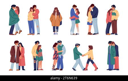 Les gens marchent. Femme et homme marchant et serrant. Personnages en amour, célibataires et amis personnes ensemble, date heureuse. Fille et garçon dans des vêtements chauds. VEC Illustration de Vecteur