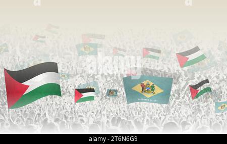 La Palestine et le Delaware drapeaux dans une foule de gens acclamant. Foule de gens avec des drapeaux. Illustration vectorielle. Illustration de Vecteur