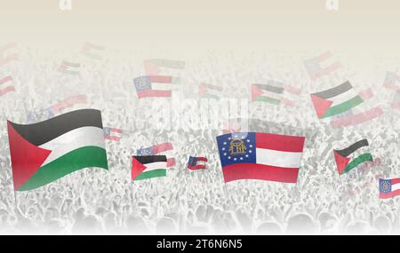 La Palestine et la Géorgie drapeaux dans une foule de gens acclamés. Foule de gens avec des drapeaux. Illustration vectorielle. Illustration de Vecteur