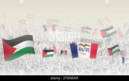 Des drapeaux de Palestine et de l'Iowa dans une foule de gens acclamés. Foule de gens avec des drapeaux. Illustration vectorielle. Illustration de Vecteur