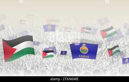 Des drapeaux de Palestine et du Kansas dans une foule de gens acclamés. Foule de gens avec des drapeaux. Illustration vectorielle. Illustration de Vecteur