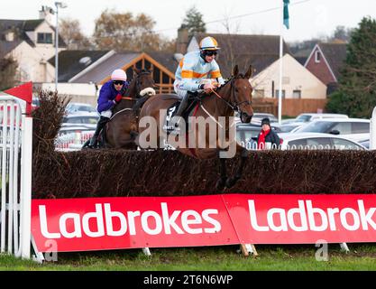 Down Royal, Irlande du Nord , samedi 11 novembre 2023. Ash Tree Meadow et Jack Kennedy remportent le Steeplechase racingtv.com/freetrial pour l'entraîneur Gordon Elliott et le propriétaire Alymer Stud Crédit JTW Equine Images / Alamy Live News Banque D'Images