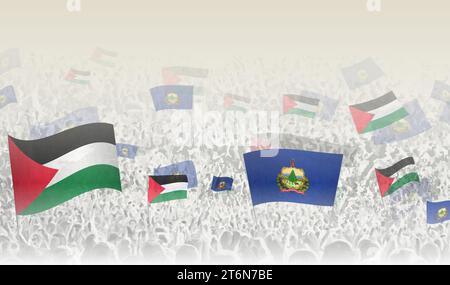 La Palestine et le Vermont drapeaux dans une foule de gens acclamés. Foule de gens avec des drapeaux. Illustration vectorielle. Illustration de Vecteur