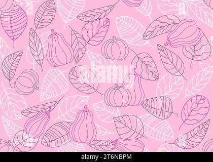 Motif sans couture de feuilles d'automne et de citrouilles. Vecteur rose automne fond sans couture des contours. Illustration de doodle vectoriel. Illustration de Vecteur