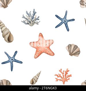 Motif sans couture aquarelle de coquille de mer, corail marin, étoile de mer. Illustration à l'aquarelle dessinée à la main. Imprimé tropical marin pour tissu, papier peint Banque D'Images