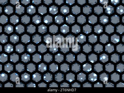Présentant un motif hexagonal irrégulier avec de petits points bleus et gris en hexagones. Les lignes diagonales et les points sont bordés par des ondes bleues contre un bl Banque D'Images