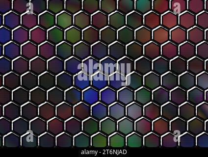 Petits hexagones avec gradient de couleur dans un motif hexagonal avec une large bordure de points noirs et de formes sinueuses. Banque D'Images
