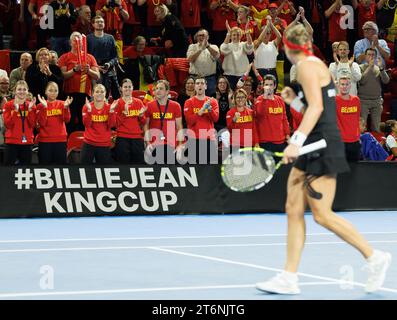 La Belge Yanina Wickmayer célèbre après avoir remporté un match de tennis entre le Belge Wickmayer et le Hongrois Bondar, le deuxième caoutchouc de la rencontre entre la Belgique et la Hongrie, dans les Play-offs de la Billie Jean King Cup, le samedi 11 novembre 2023 à Charleroi. BELGA PHOTO BENOIT DOPPAGNE Banque D'Images