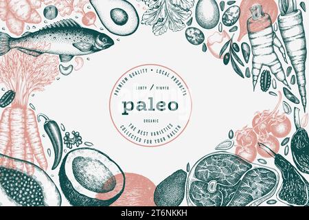 Modèle de conception de régime Paleo. Bannière de nourriture saine dessinée à la main Vector. Illustration de menu de style vintage. Illustration de Vecteur