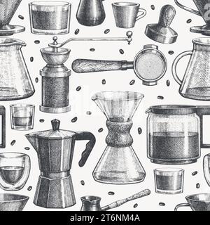 Autres modèles de cafetière sans couture. Vector dessin main fond de l'équipement de café de spécialité. Design de bar à café de style vintage Illustration de Vecteur